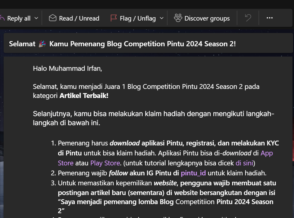 Saya menjadi pemenang lomba Blog Competitiion Pintu 2024 Season 2 2